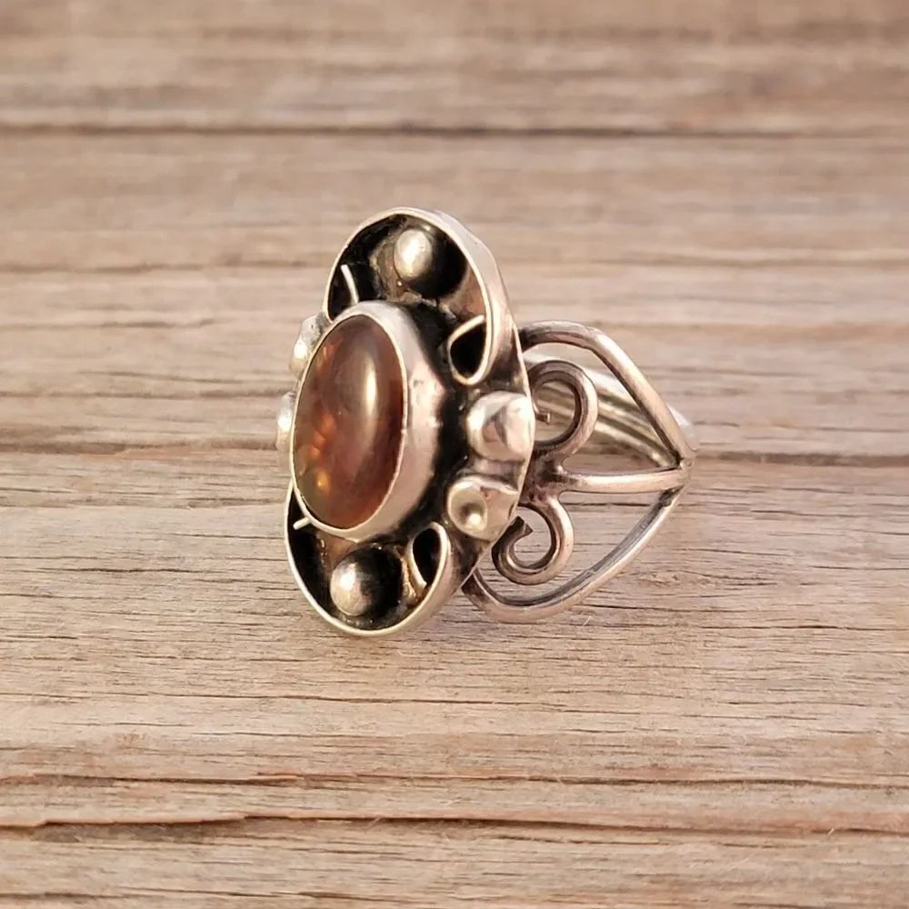 Vintage Sterling Genuine Amber Bali Boho Artisan Beaded Ring - Picture 4 of 11